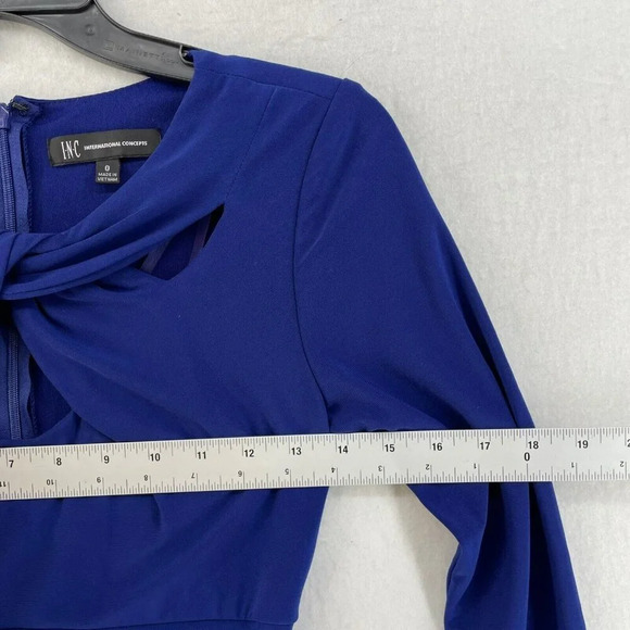 INC International Concept Dress Sz 0 Blue Draped 3/4 Sleeve Knee Length Bodycon - Picture 3 of 10